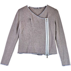 Maxine 100% Cashmere Women's Full Zip Wrap Sweater Heathered Brown Grey Small